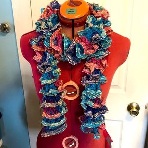 Crocheted teal, fushia, and navy ruffle scarf with sequins